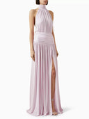 Dorien | Women's Halter Neck Pleated Slit Sleeveless Evening Party Maxi Dress