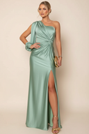Rachel | Women's One-Shoulder Slit Satin Maxi Wedding Guest Dress